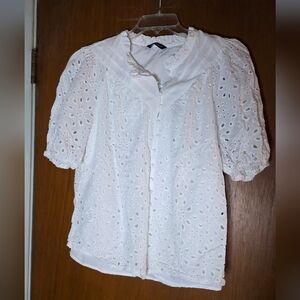 PrettyGarden White Eyelet Blouse with Ruffle Neck XL